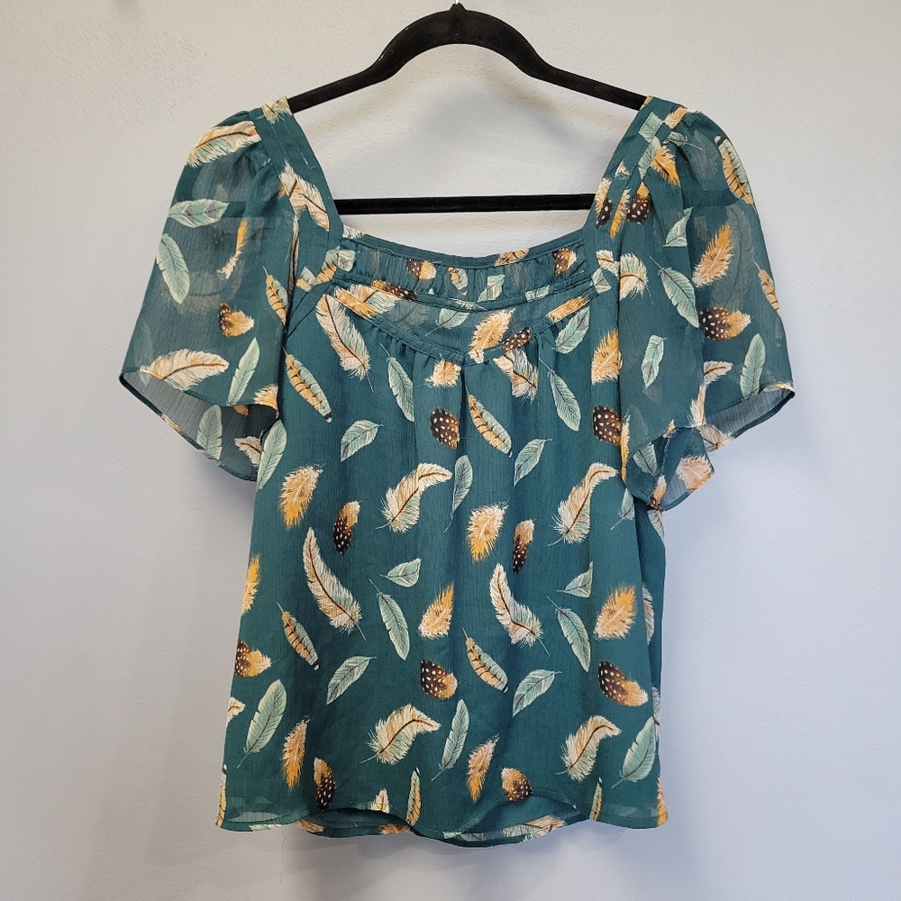 LOFT Feather Print Green Blouse Women's Size Small